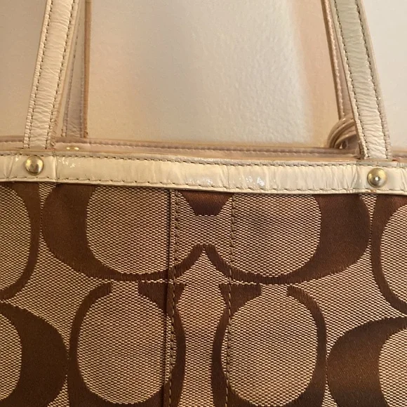 Coach Color-Block Tan & Brown Signature Tote Handbag White Leather 10859… - Picture 15 of 17